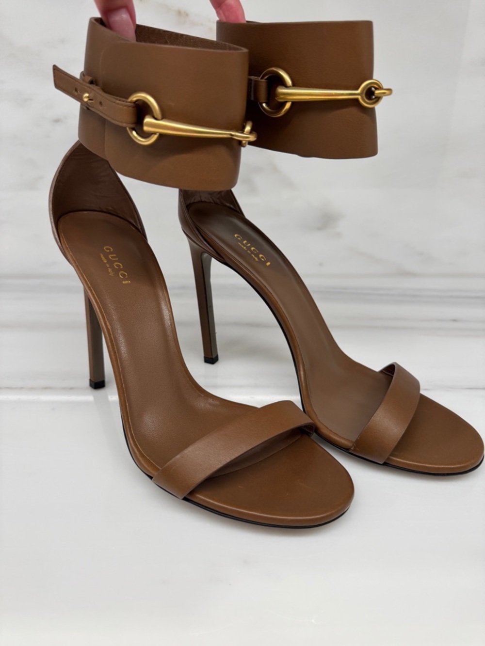 Gucci Horsebit Ankle Cuff High Heels in Brown Leather—NEVER WORN